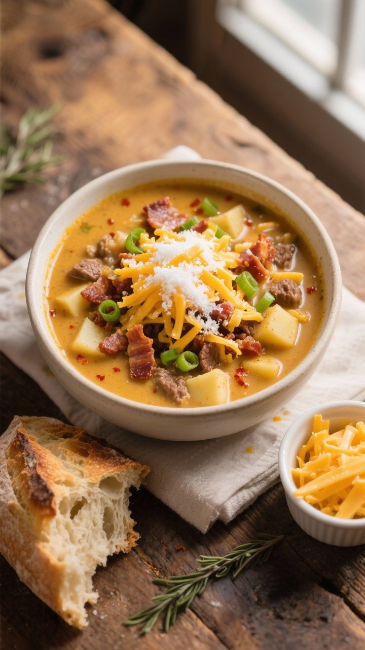 Final dish overhead: A hearty bowl of Cheesy Hamburger Soup topped with a generous snowfall of fresh