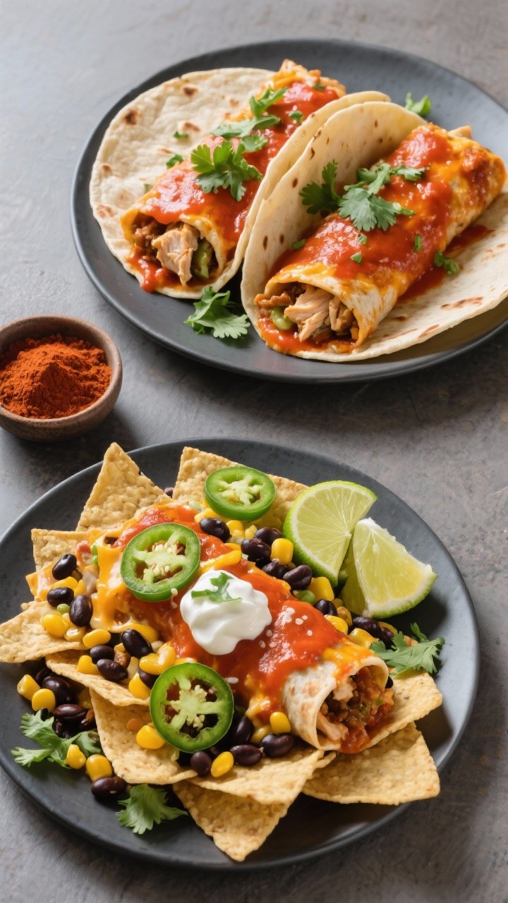 Final dish overhead: An top-down shot of creamy chicken enchilada filling tucked into warm flour tor