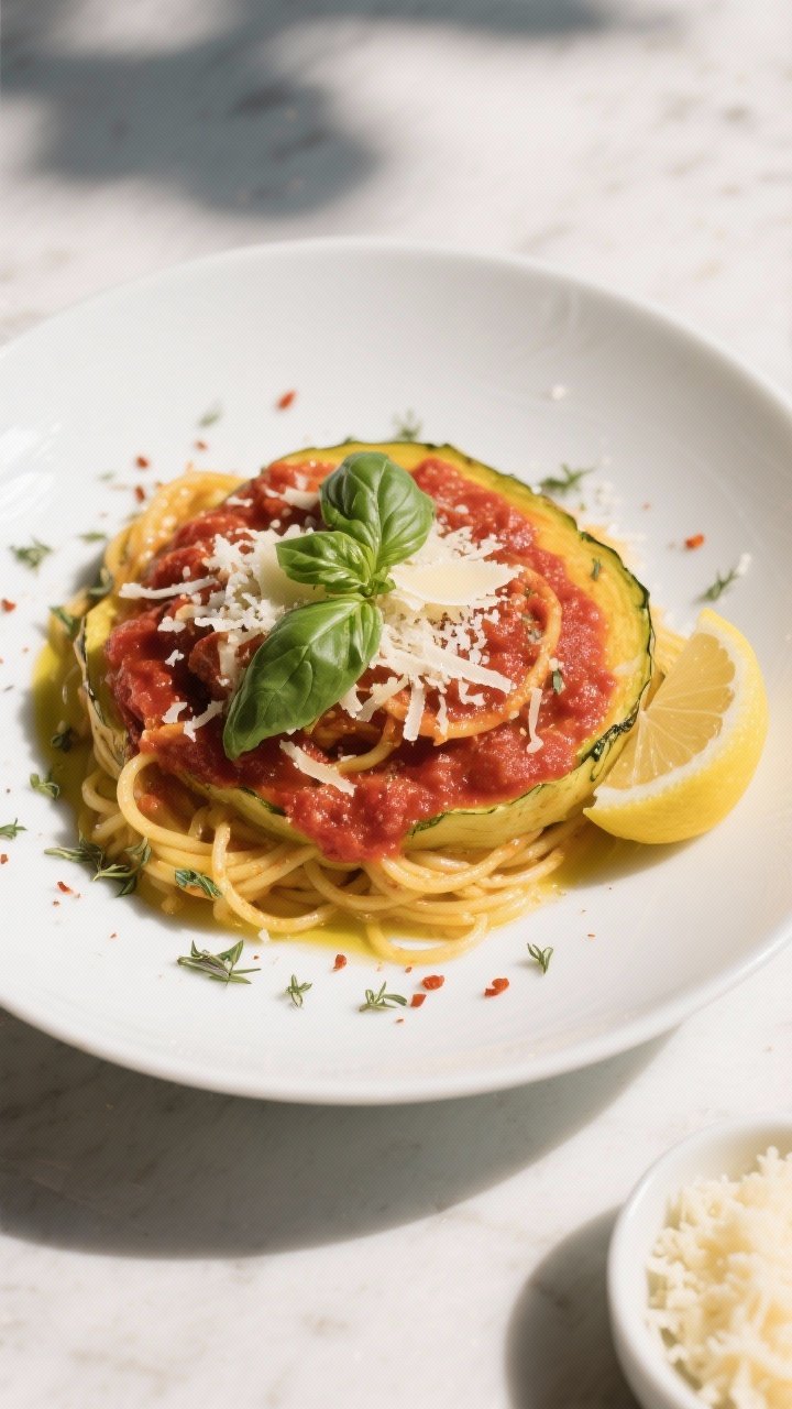 Final dish overhead: Beautifully plated Spaghetti Squash Marinara in a wide, shallow white bowl, vib