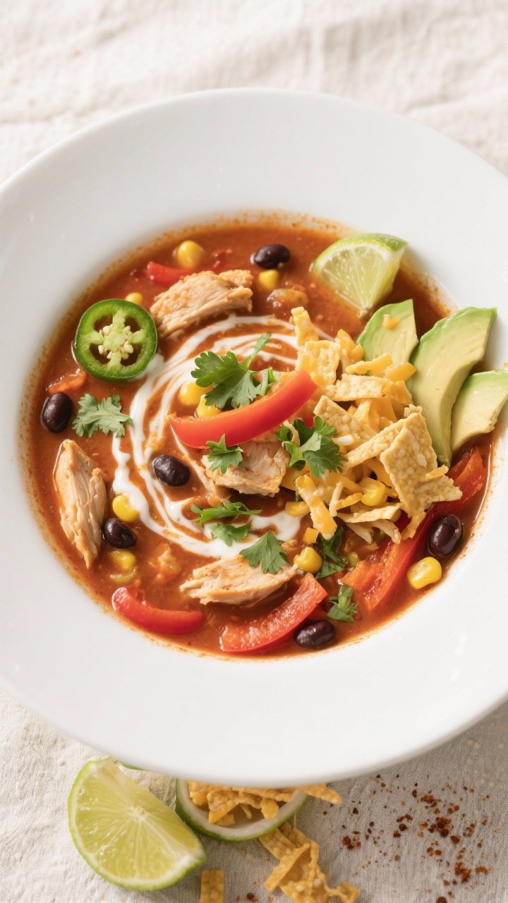 Final dish overhead: Chicken Fajita Soup fully garnished. Vibrant top-down shot of a wide, white bow