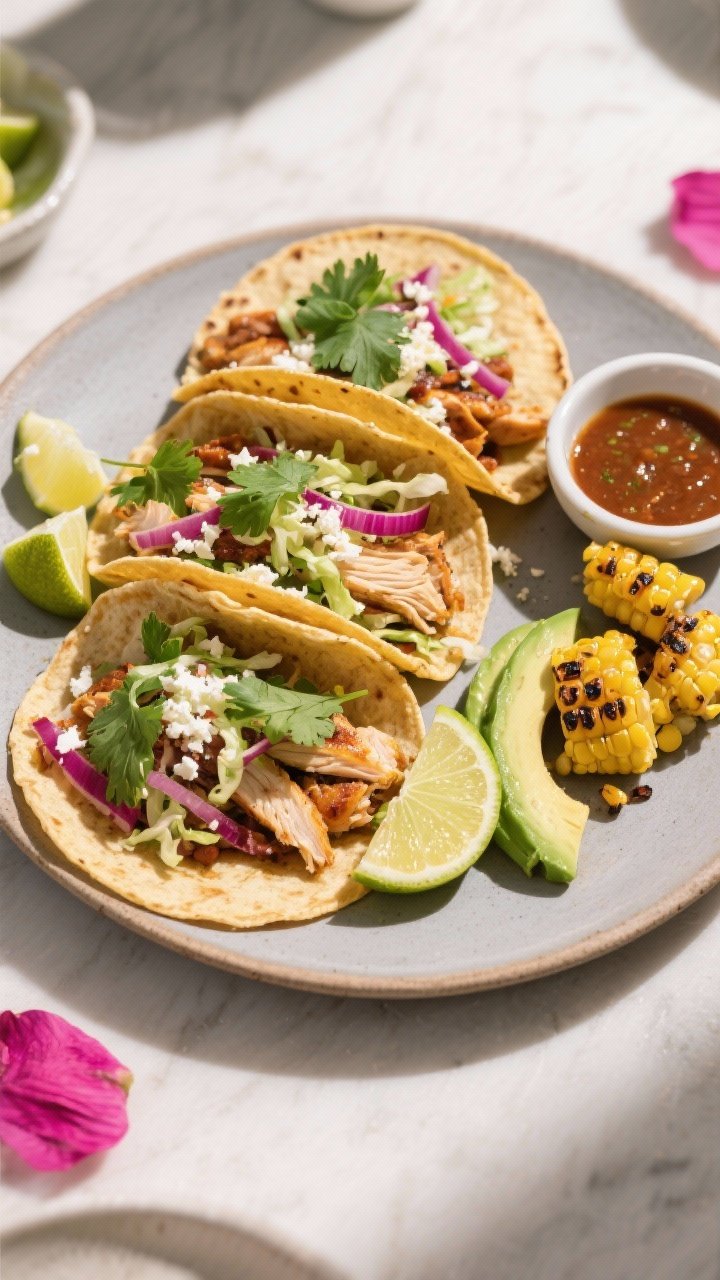 Final dish overhead: Chipotle Lime Chicken taco spread, top-down on a matte ceramic platter. Warm co