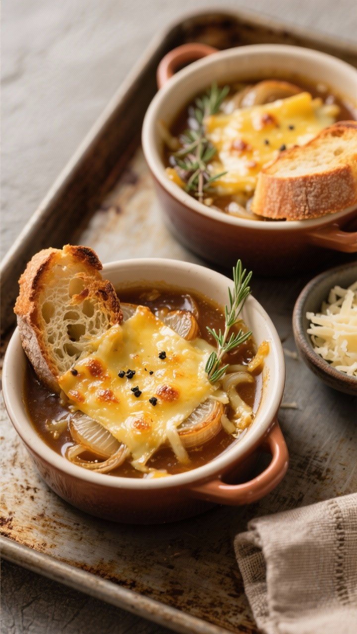 Final dish overhead: Classic French onion soup in oven-safe crocks on a sheet pan, topped with toast
