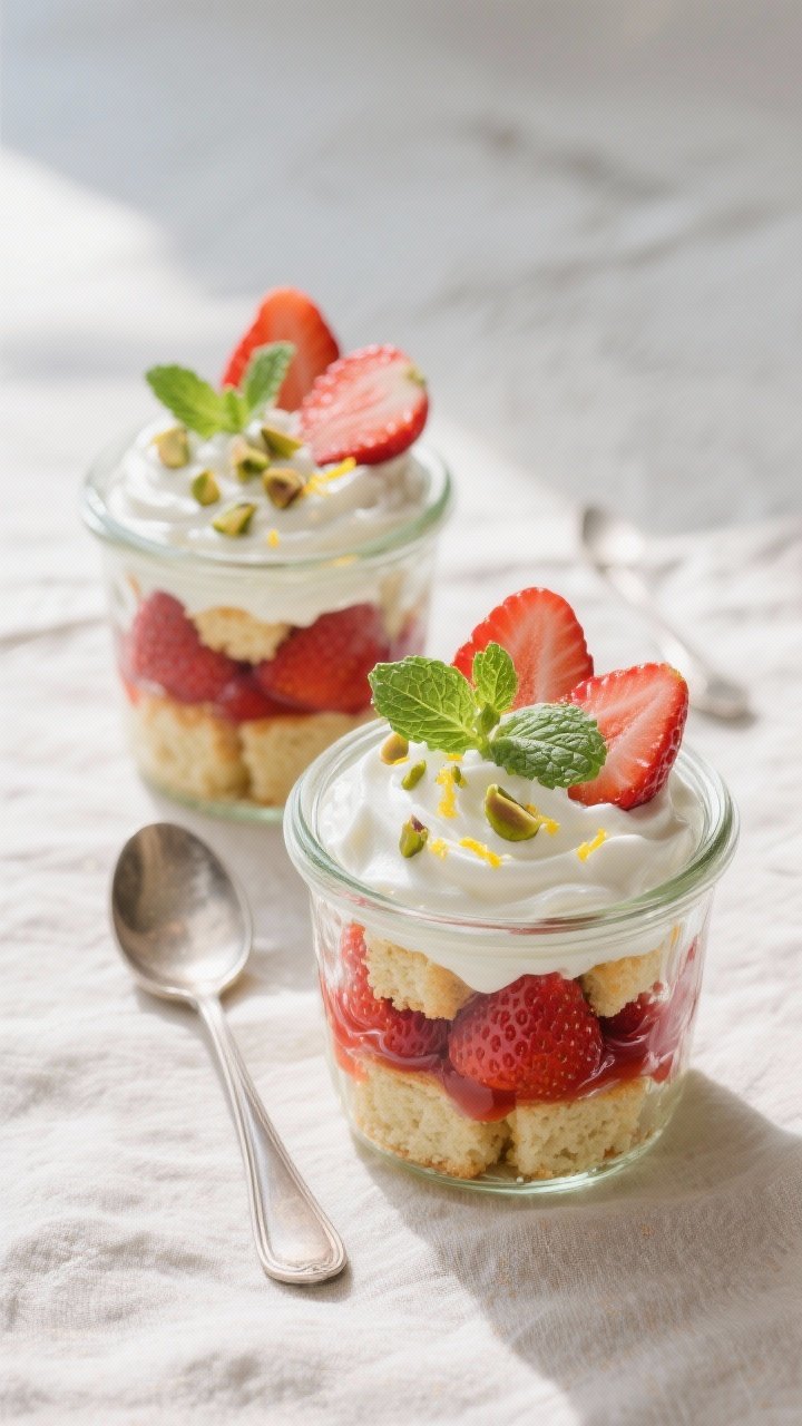 Final dish overhead: Healthy Strawberry Shortcake Cups assembled in clear 8-ounce glass jars—two n