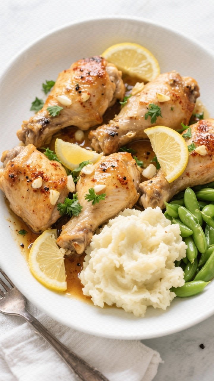 Final dish, overhead: Low Carb Garlic Butter Chicken Thighs plated family-style in a wide white shal