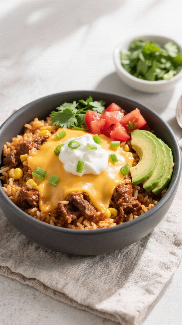 Final dish, overhead: Overhead shot of a bowl of Dump-and-Go Beefy Enchilada Rice finished with a me