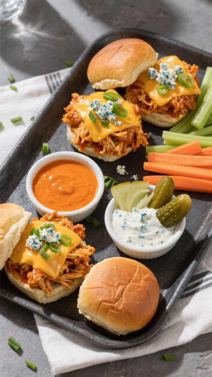 Final dish, overhead: Overhead shot of creamy buffalo chicken piled onto soft slider buns on a matte
