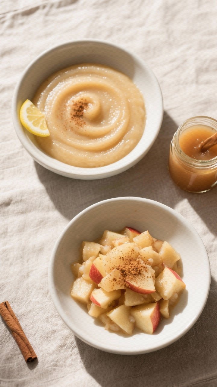 Final dish overhead: Overhead shot of two textures side-by-side—one bowl of silky-smooth applesauc