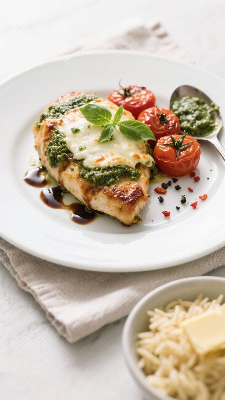 Final dish overhead: Pesto Mozzarella Chicken Bake plated individually—one chicken breast crowned