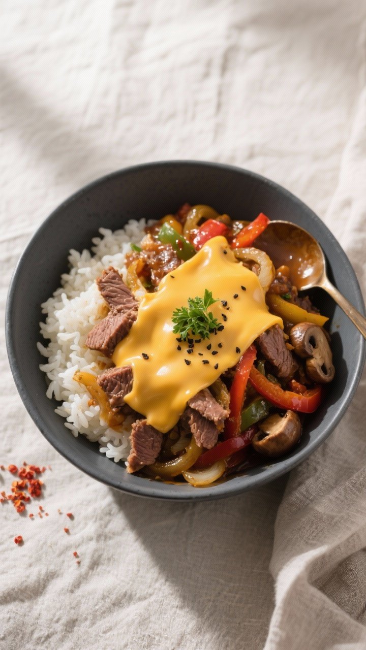 Final dish, overhead plated bowl: Dump-and-Go Philly Cheesesteak Bowl served over fluffy white rice,