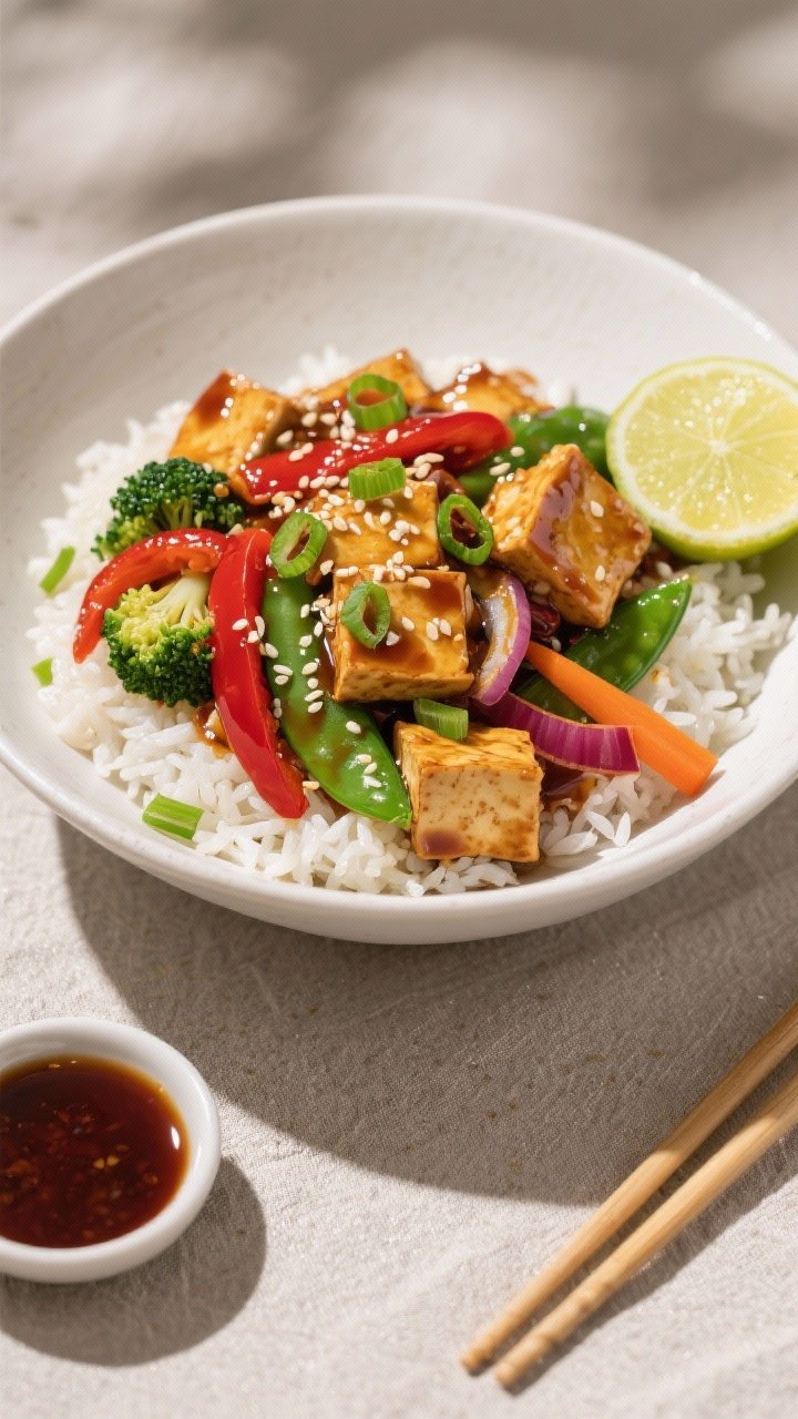 Final dish, overhead plated bowl: Overhead shot of teriyaki tofu stir fry served over fluffy jasmine