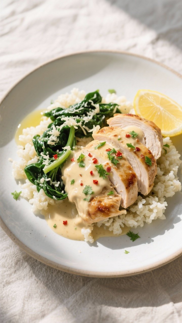 Final dish, overhead plated: Overhead shot of creamy garlic chicken plated with cauliflower rice and