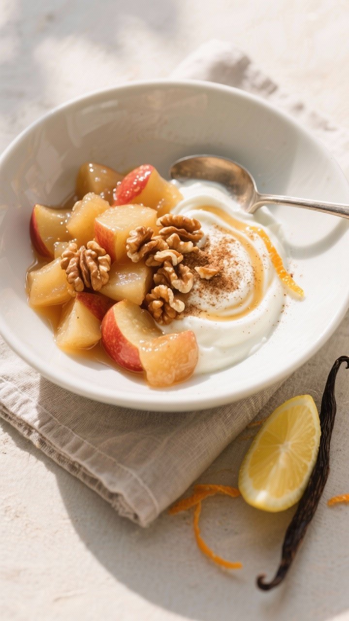 Final dish, overhead plated shot: Overhead shot of a warm bowl of sugar-free apple compote spooned o