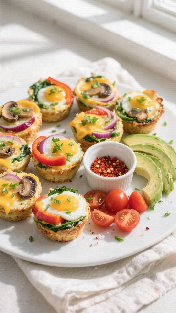 Final dish, overhead platter shot: Overhead shot of a breakfast spread featuring sliced veggie-packe