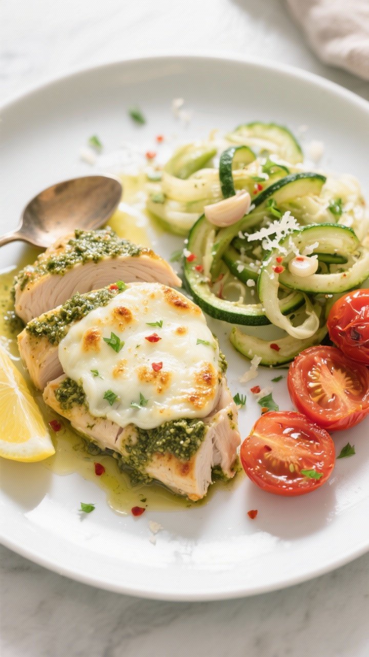 Final dish, overhead presentation: Top-down shot of Low Carb Baked Pesto Chicken plated on a matte w