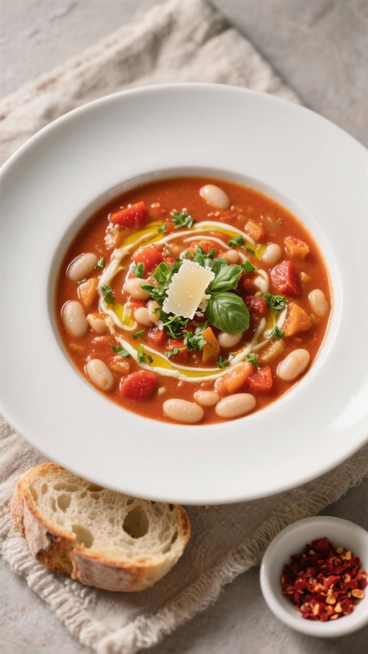 Final dish – Overhead shot of a beautifully plated bowl of Simple Tomato Bean Soup: rich, thick to