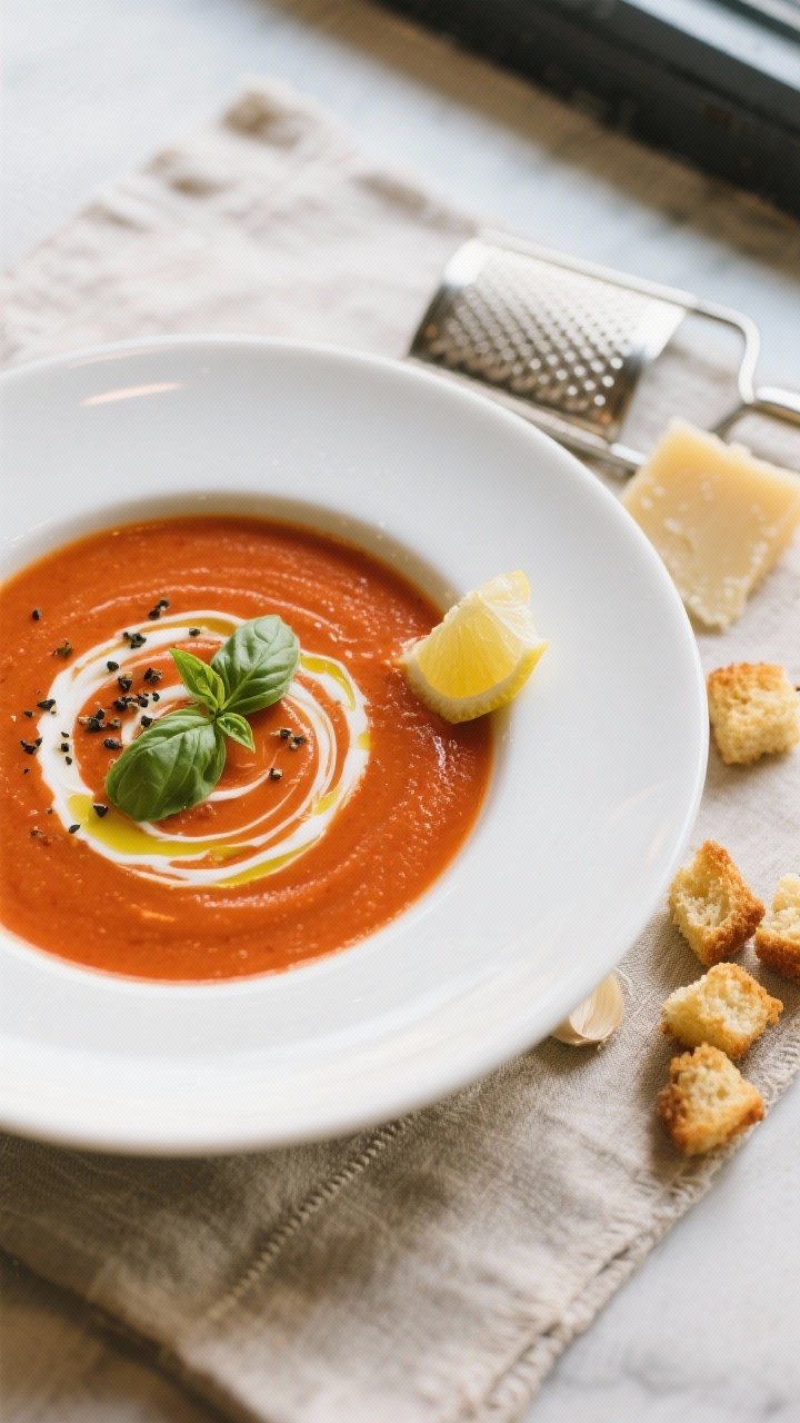 Final dish, overhead shot: of a bowl of smooth, velvety tomato basil soup, rich red-orange color, fi