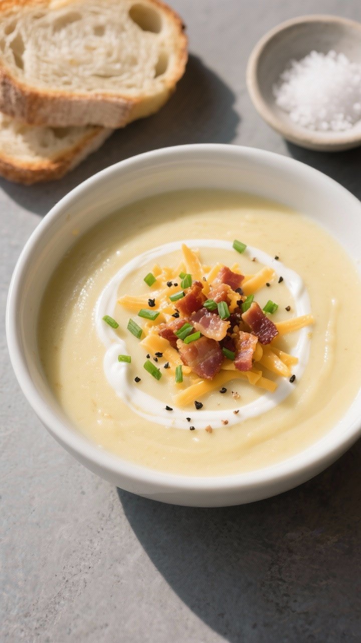 Final dish, : Overhead shot of a bowl of ultra-smooth creamy potato soup, pale golden and glossy, fi