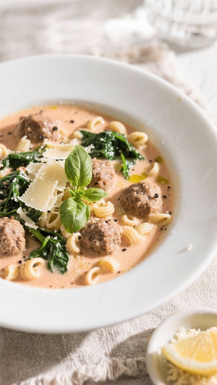 Final dish, : Overhead shot of a generous bowl of Creamy Italian Meatball Soup—plump meatballs nes
