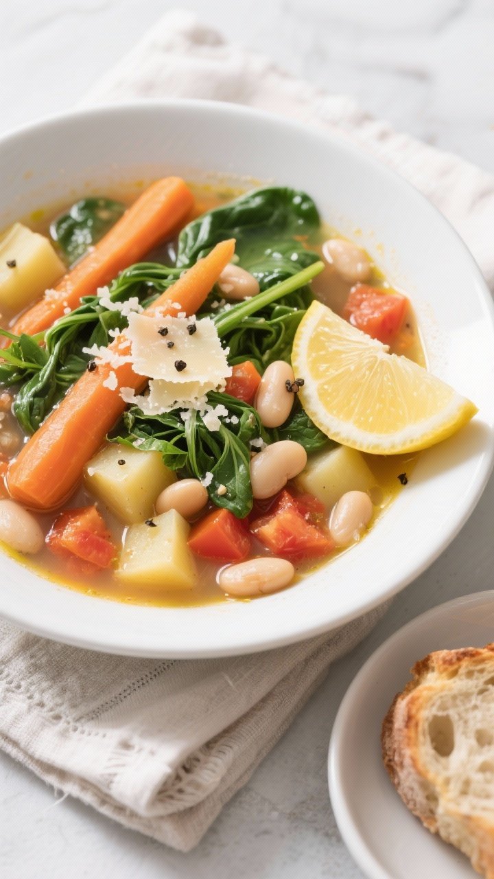 Final dish, : Overhead shot of a hearty bowl of vegetable soup in a wide, white ceramic bowl on a li