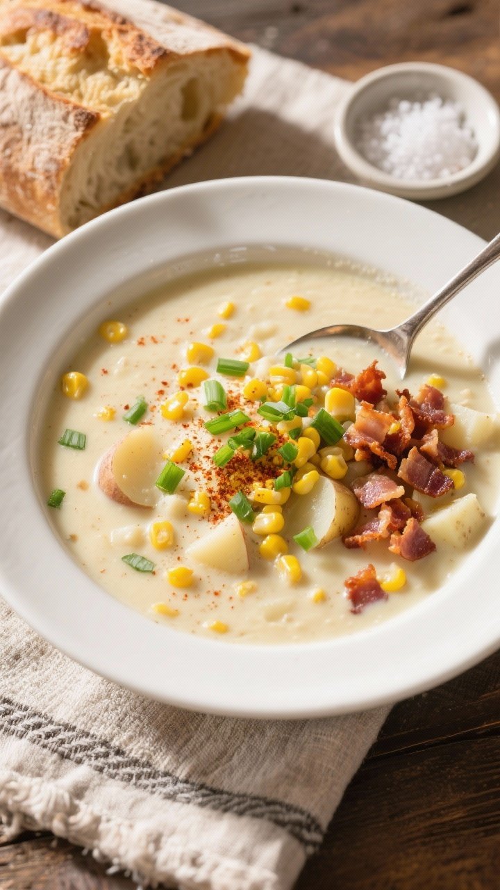 Final dish, : Overhead shot of a ladled bowl of Easy Creamy Corn Chowder, thick and silky with plump