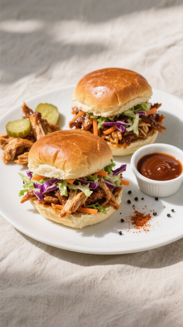 Final dish, : Overhead shot of BBQ pulled chicken sandwiches on toasted brioche buns, piled high wit