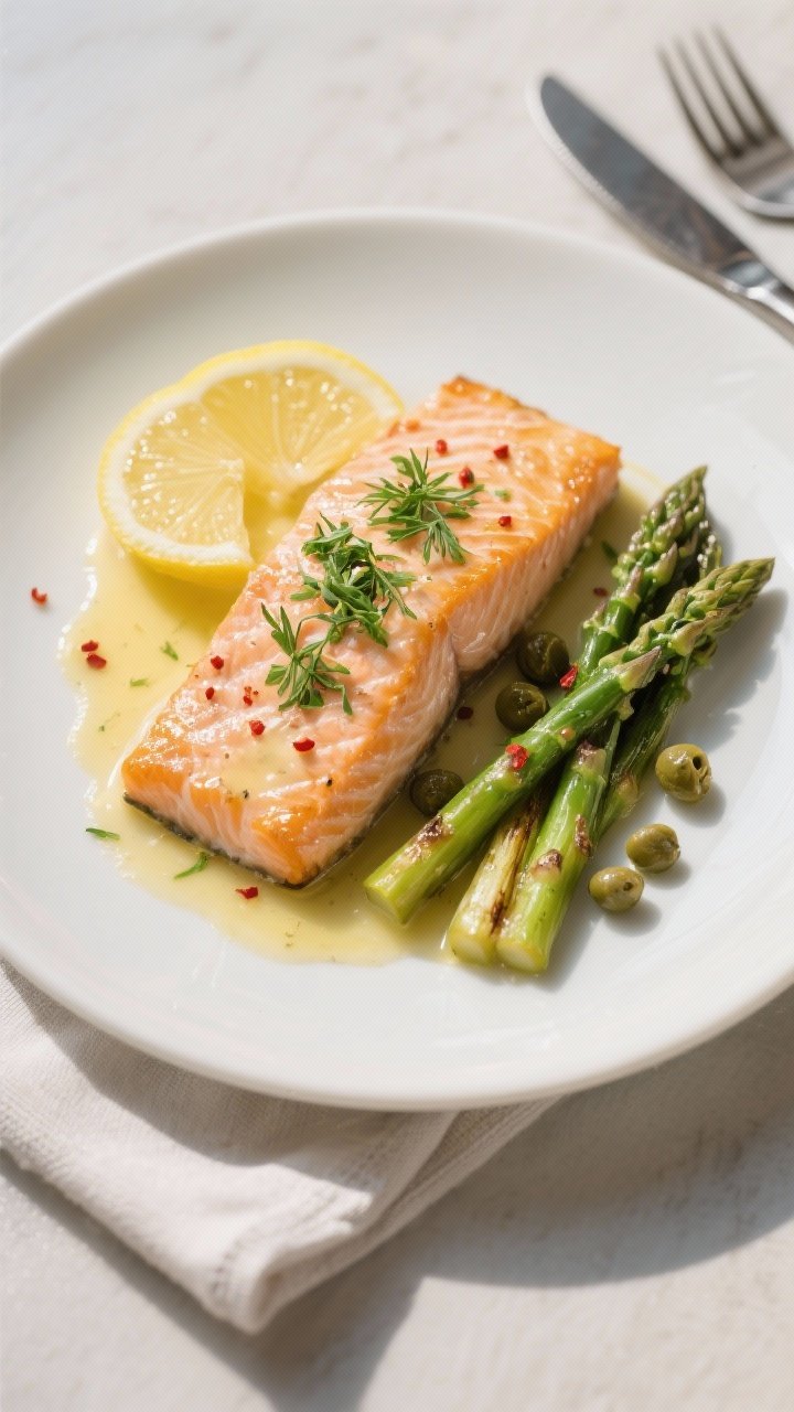 Final dish, : Overhead shot of Low Carb Lemon Butter Salmon plated on a matte white dinner plate; fi