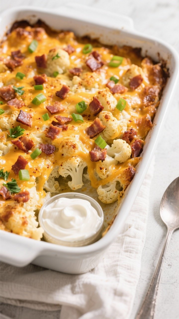 Final dish — Overhead shot of Low Carb Loaded Cauliflower Bake fresh from the oven: golden, bubbly