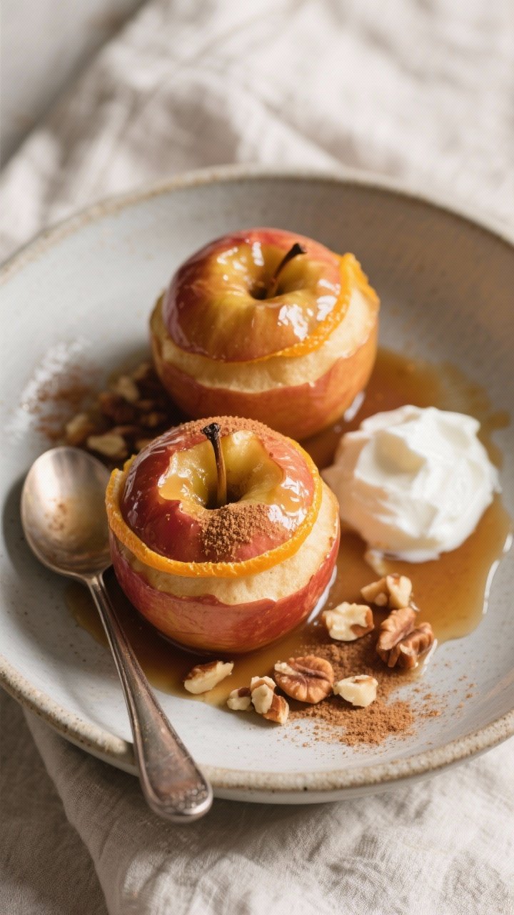 Final dish, : Overhead shot of two sugar-free cinnamon baked apples plated in a matte stoneware bowl
