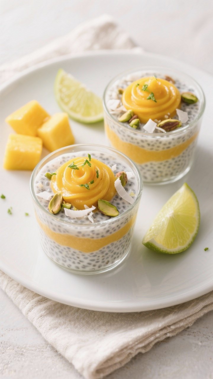 Final dish overhead shot: Two small clear tumblers of Mango Coconut Chia Pudding with neat alternati