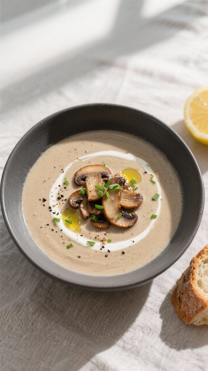 Final dish overhead: Silky creamy mushroom soup in a matte charcoal bowl on a light linen, top view 