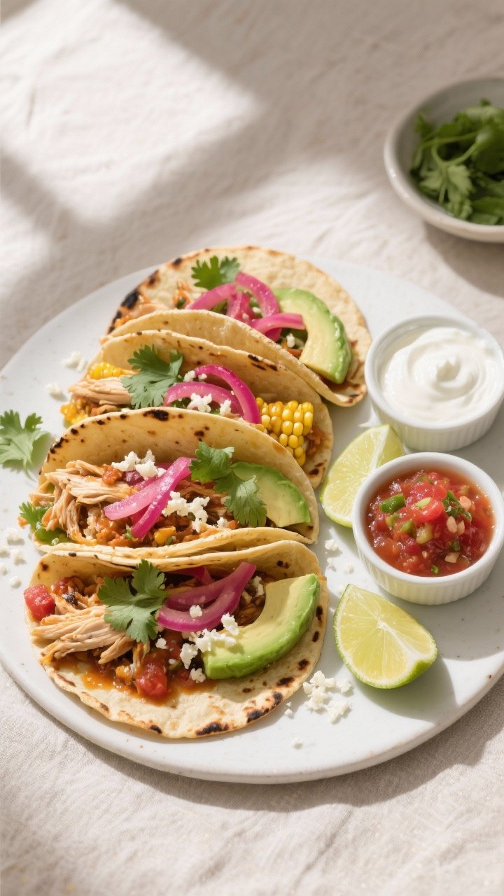 Final dish overhead: Tacos filled with crockpot salsa shredded chicken arranged on a matte white pla