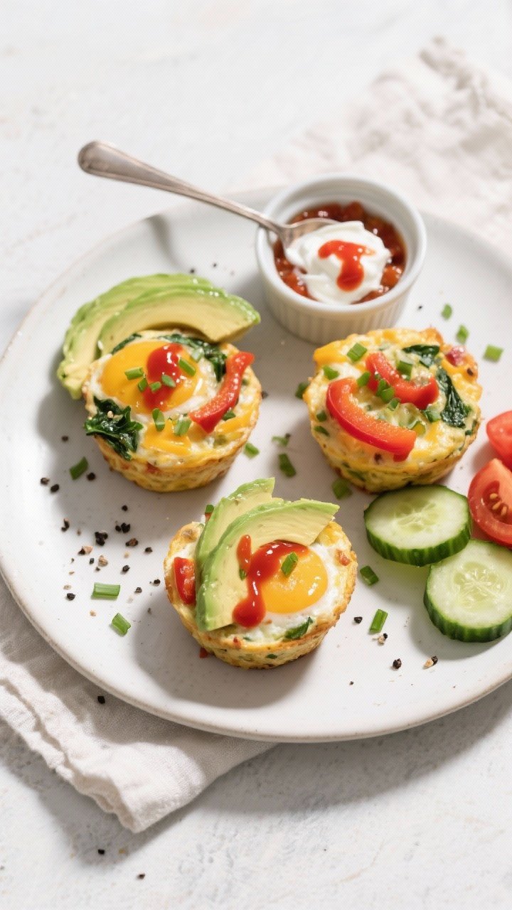 Final dish overhead: Tasty of three low-carb breakfast egg muffins plated on a matte white ceramic p