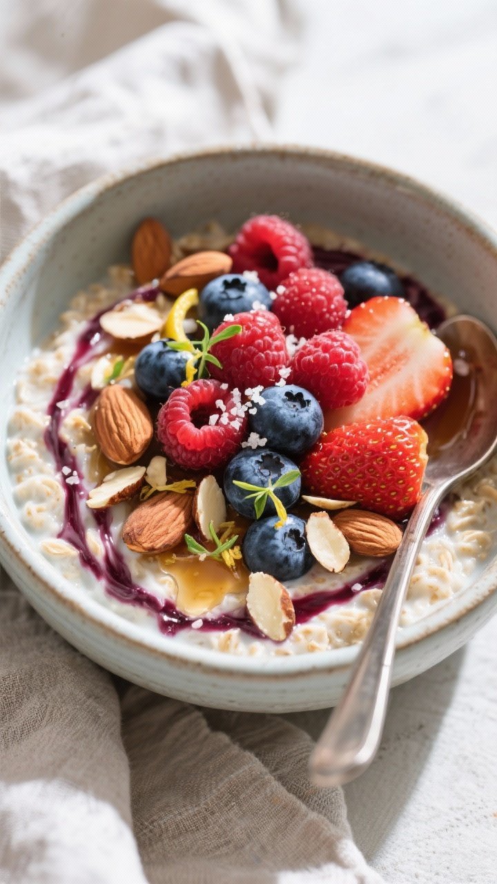 Final dish/overhead: Tasty top-down shot of Berry Almond Overnight Oats served in a low ceramic bowl