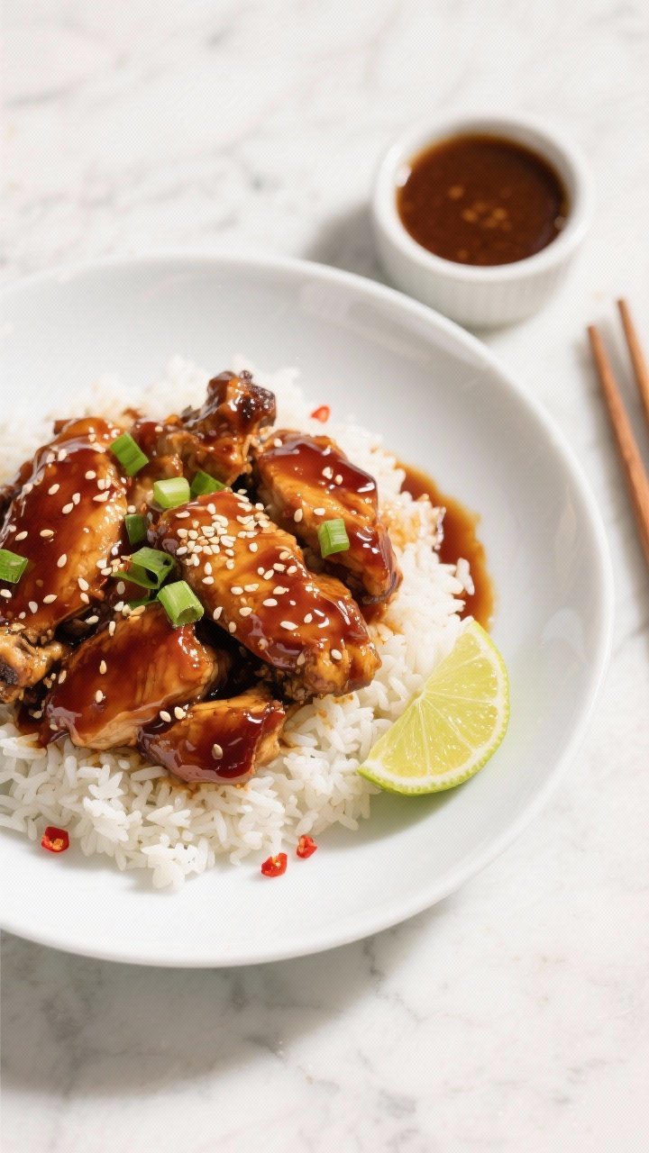 Final dish, overhead: Tasty top-down shot of Sweet Bourbon Chicken served over fluffy jasmine rice i