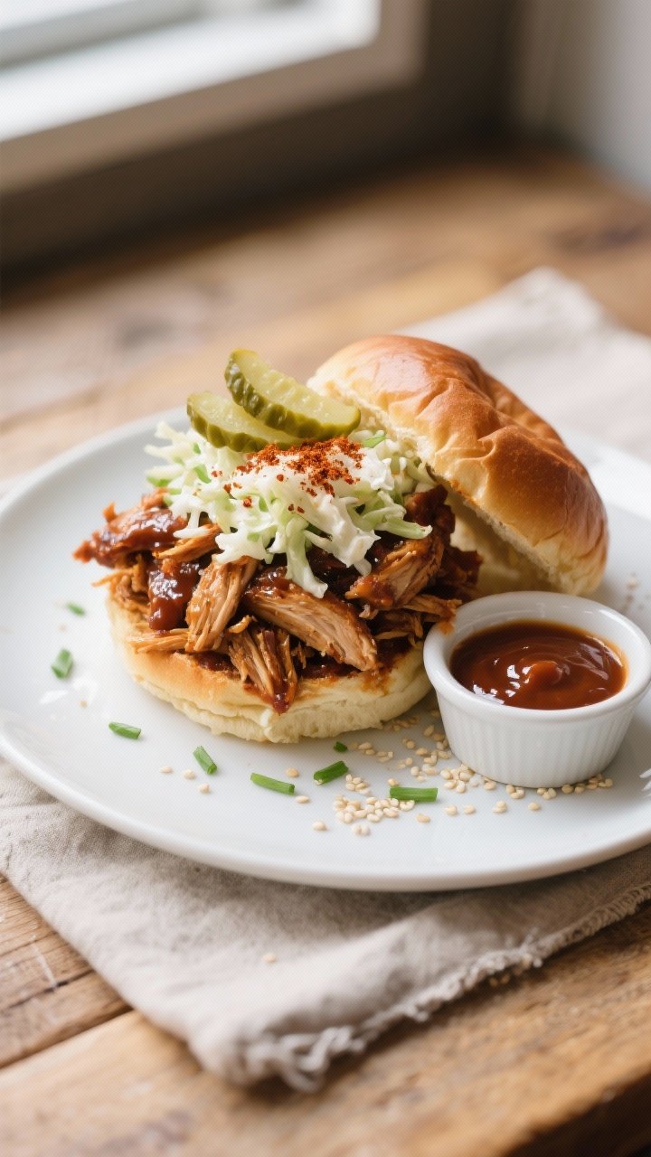 Final dish overhead: Toasted brioche buns piled high with saucy BBQ pulled chicken, crowned with cru