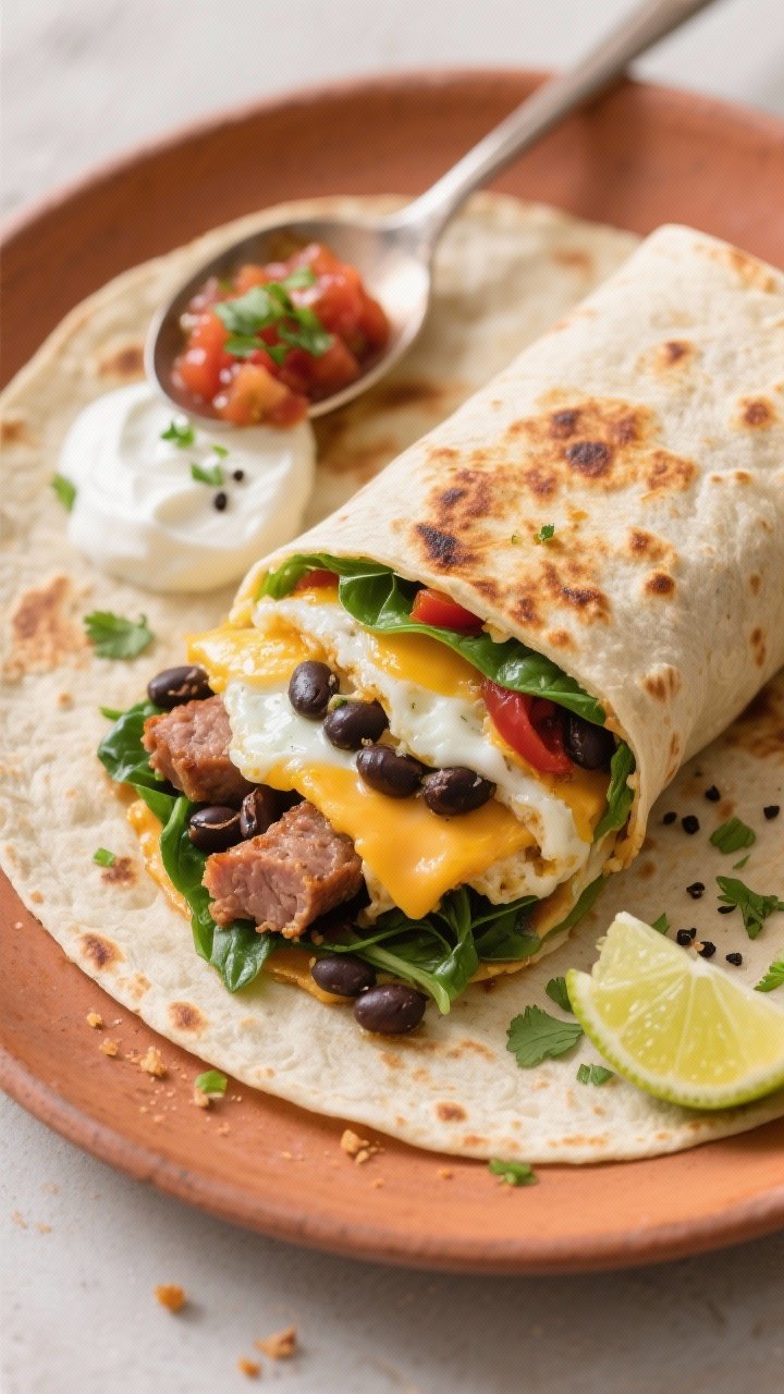 Final dish overhead: Toasted high-protein breakfast burrito wrap sliced on the bias to reveal layers