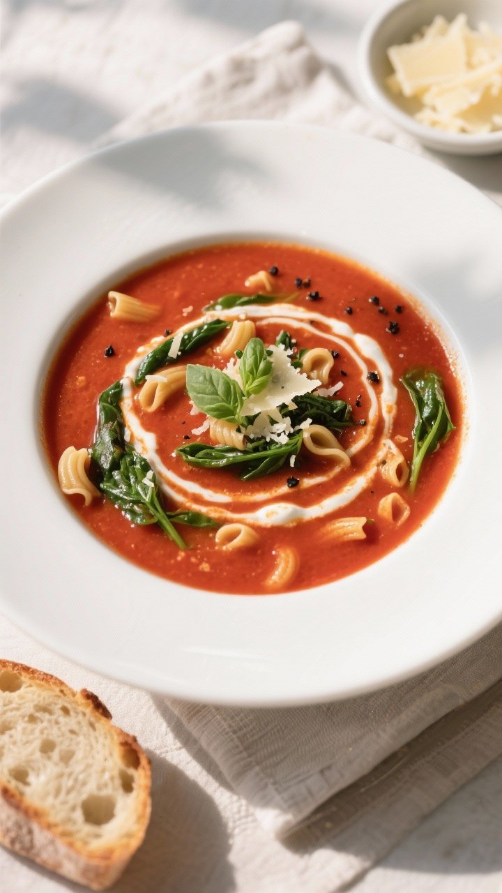 Final dish overhead: Tomato Florentine Soup ladled into a wide white bowl, top-down shot showing sil