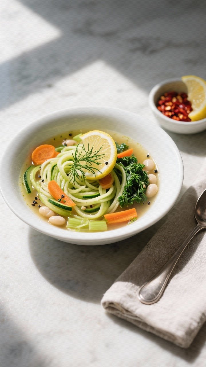 Final dish overhead: Top-down hero shot of Low-Calorie Zucchini Noodle Soup ladled into a wide white