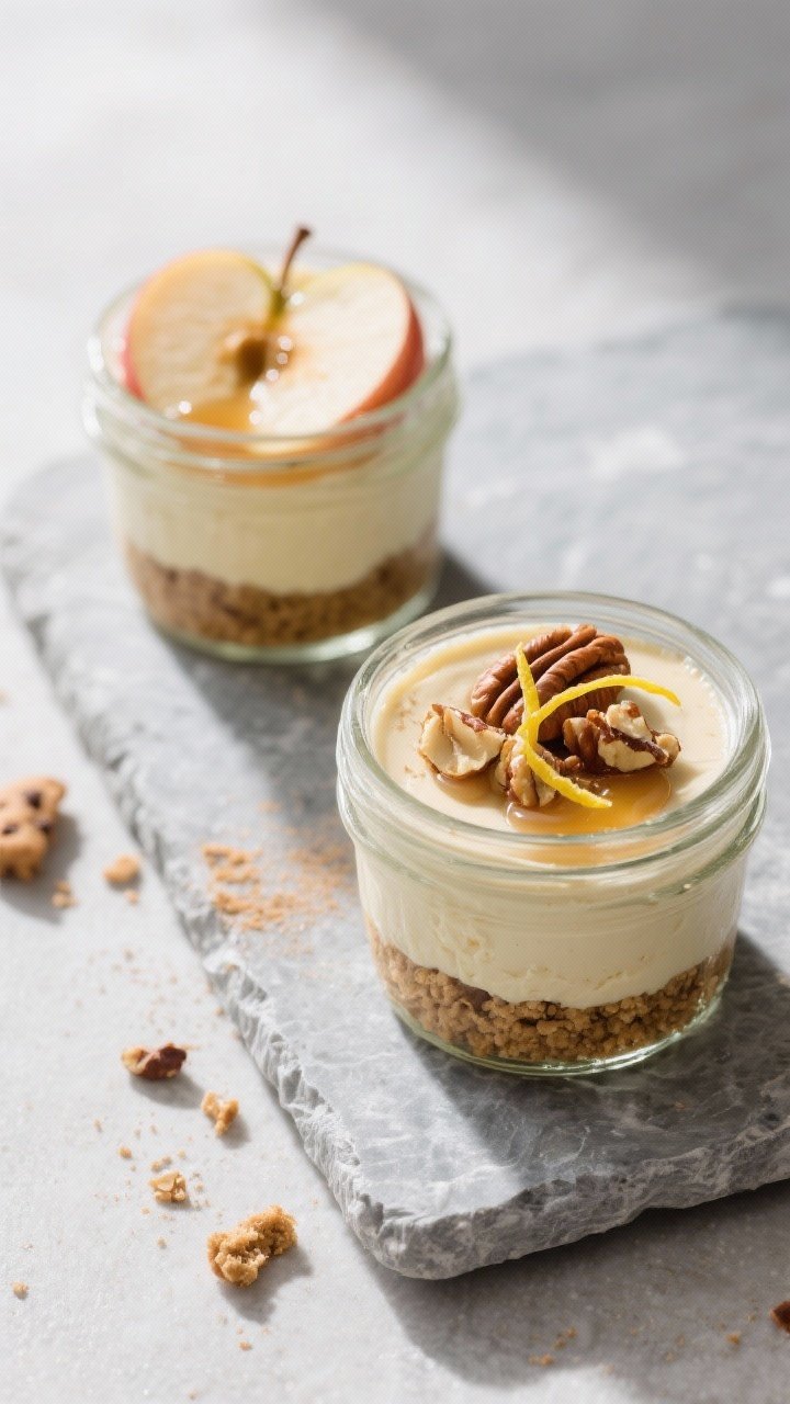 Final dish overhead: Top-down, of no-bake apple cheesecake cups assembled in clear 6–8 oz jars—d