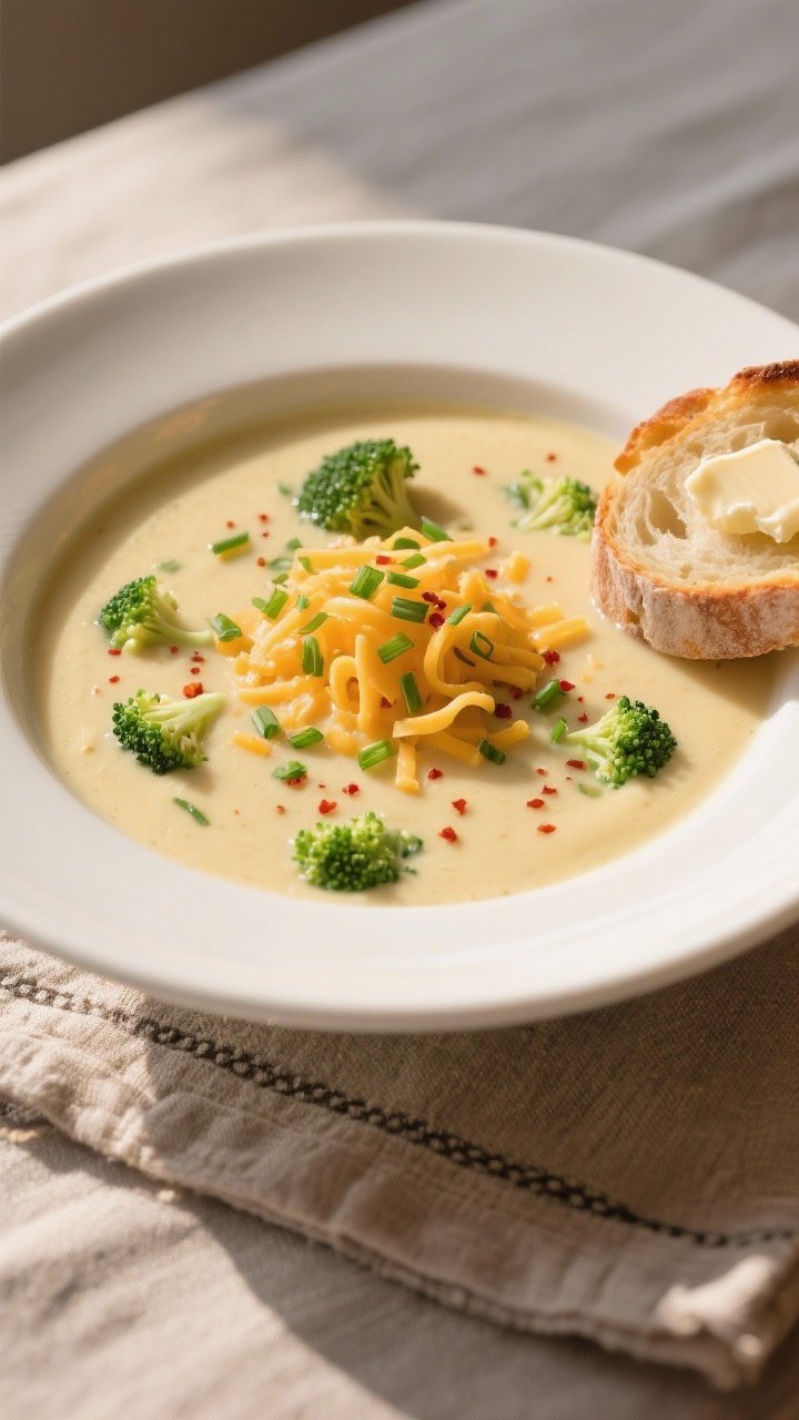 Final dish overhead: Top-down shot of a bowl of Creamy Broccoli Cheddar Soup with a smooth, rich sur
