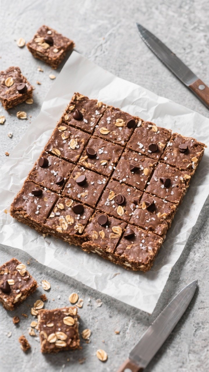 Final dish overhead: Top-down shot of a neatly pressed 8x8 slab of no-bake cocoa oat bars lifted out