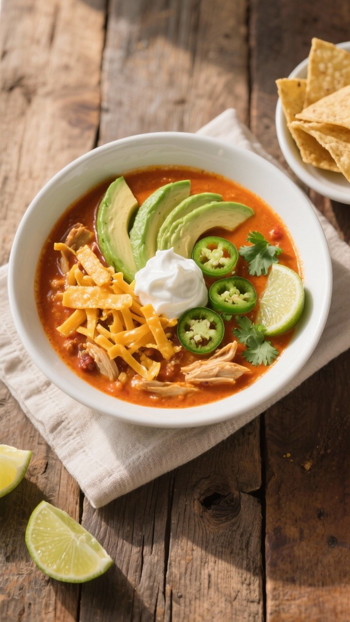 Final dish, overhead top view: A restaurant-quality bowl of Creamy Chicken Enchilada Soup plated in 