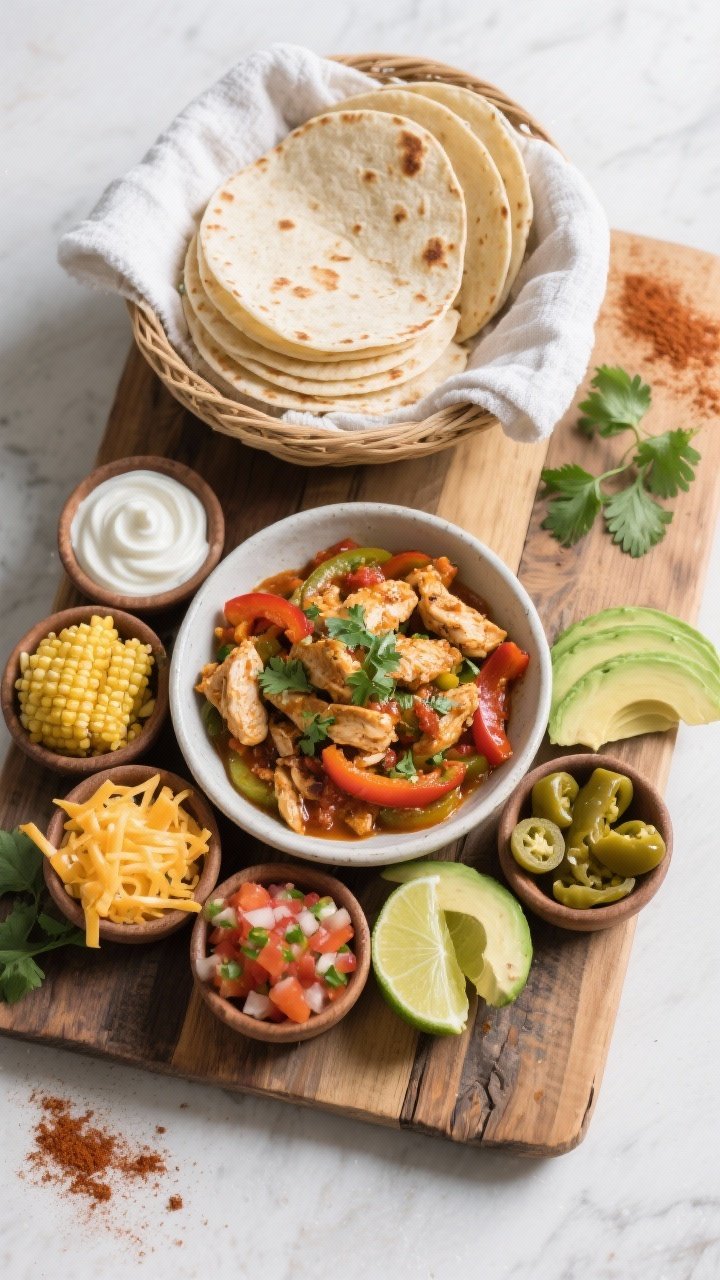 Final dish, overhead top view: Build-your-own chicken fajita spread on a rustic wooden board—small
