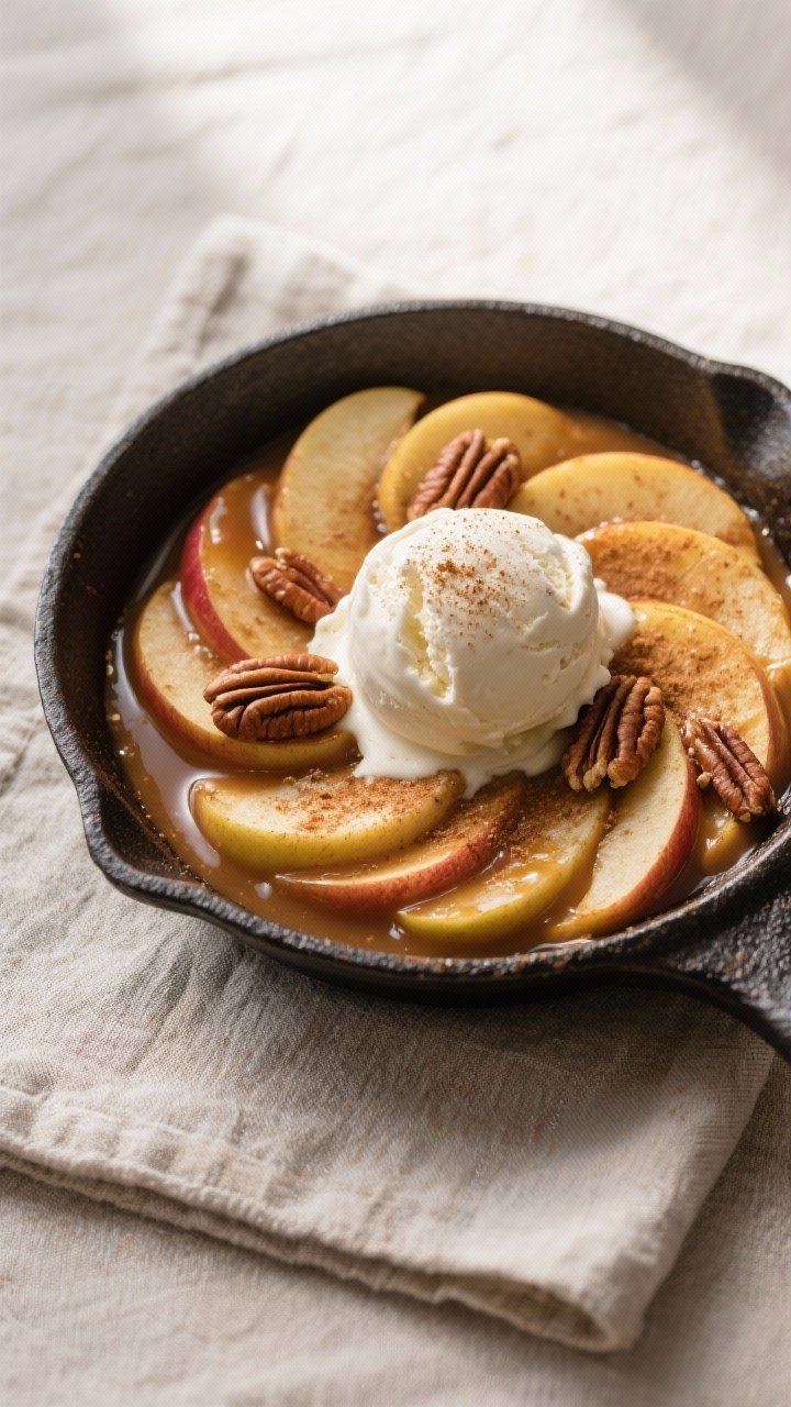 Final dish, overhead top view: Overhead shot of the quick apple skillet dessert served warm in a sma