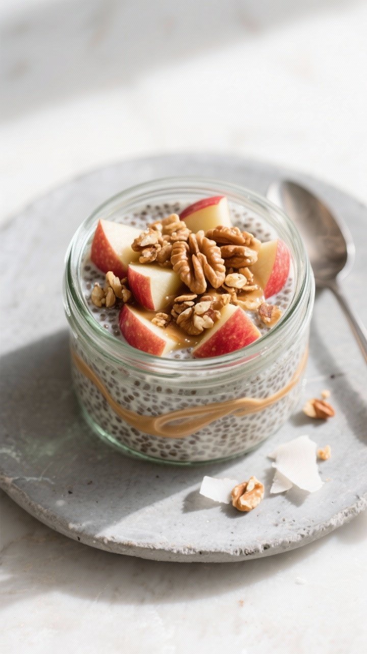 Final dish overhead: Vegan Apple Chia Pudding set in a clear glass jar, thick and silky chia base sw