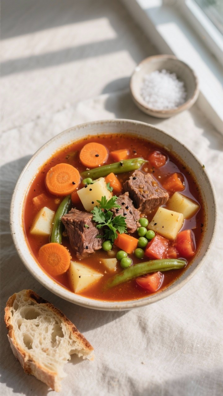 Final dish — Rustic, hearty presentation: Overhead shot of a deep bowl of vegetable beef soup brim