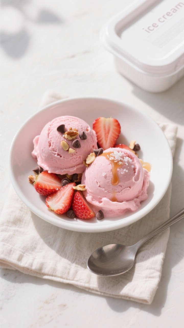 Final dish — Scoopable presentation: Overhead shot of two perfectly rounded scoops of strawberry b