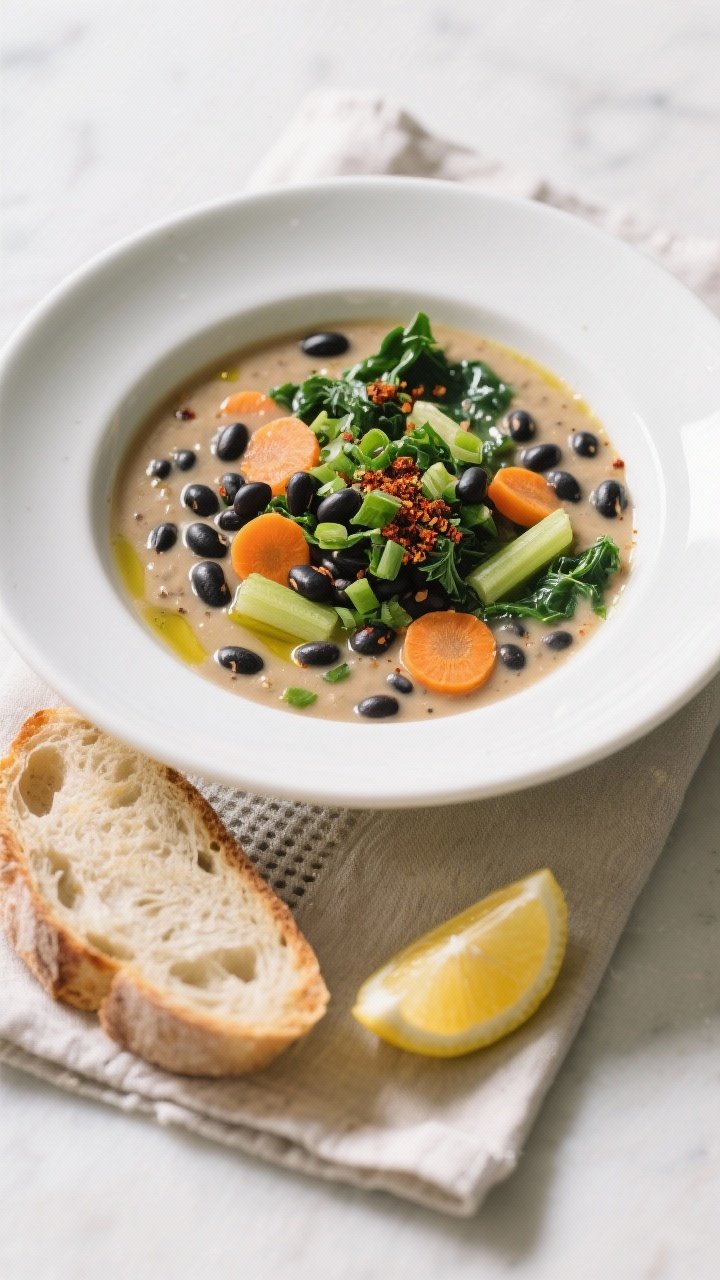 Final dish, tasty top view: Overhead shot of a beautifully plated bowl of Simple Black Eyed Pea Soup