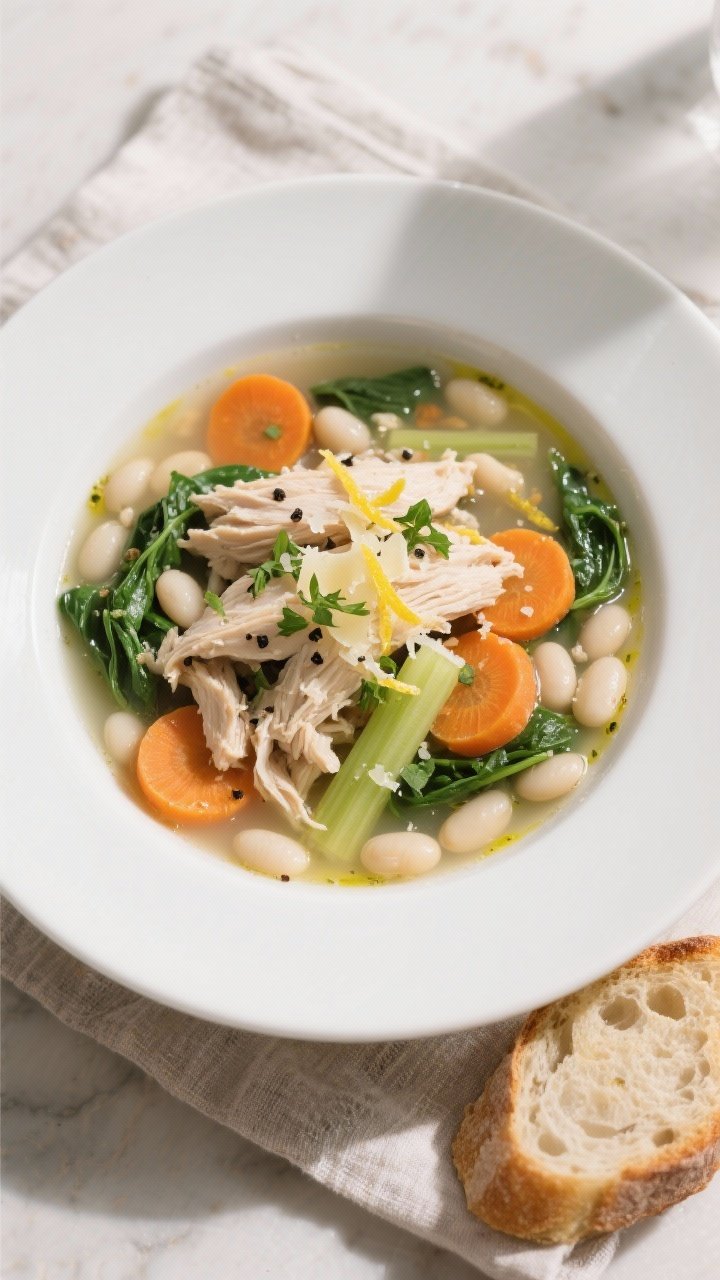 Final dish, tasty top view: Overhead shot of a beautifully plated bowl of Chicken and White Bean Sou