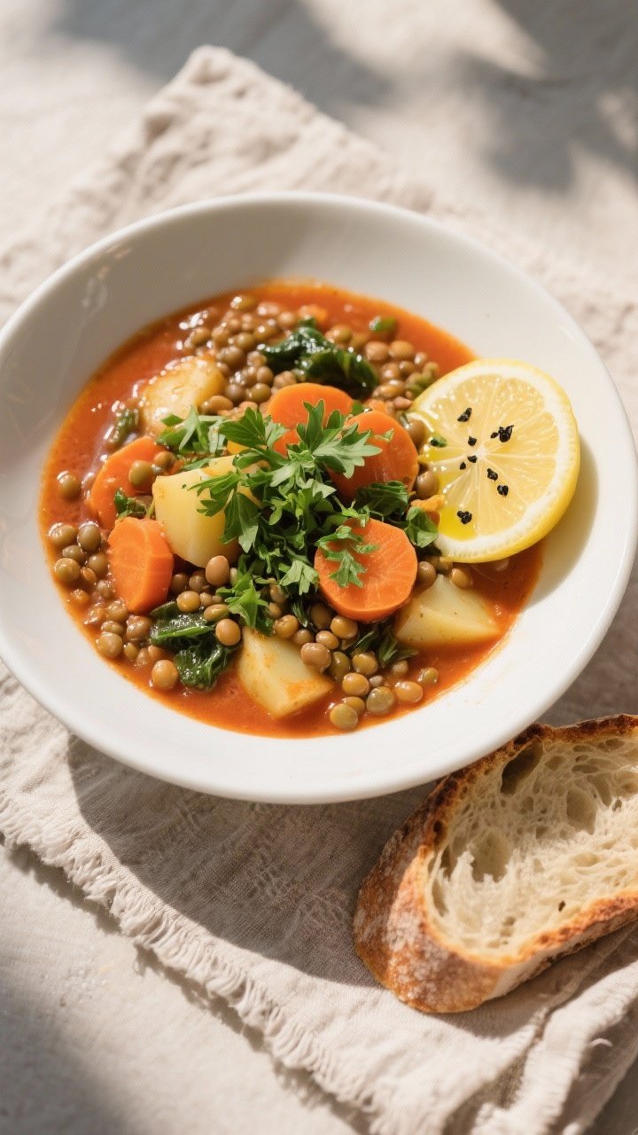 Final dish, tasty top view: Overhead shot of a beautifully plated bowl of lentil & vegetable stew—